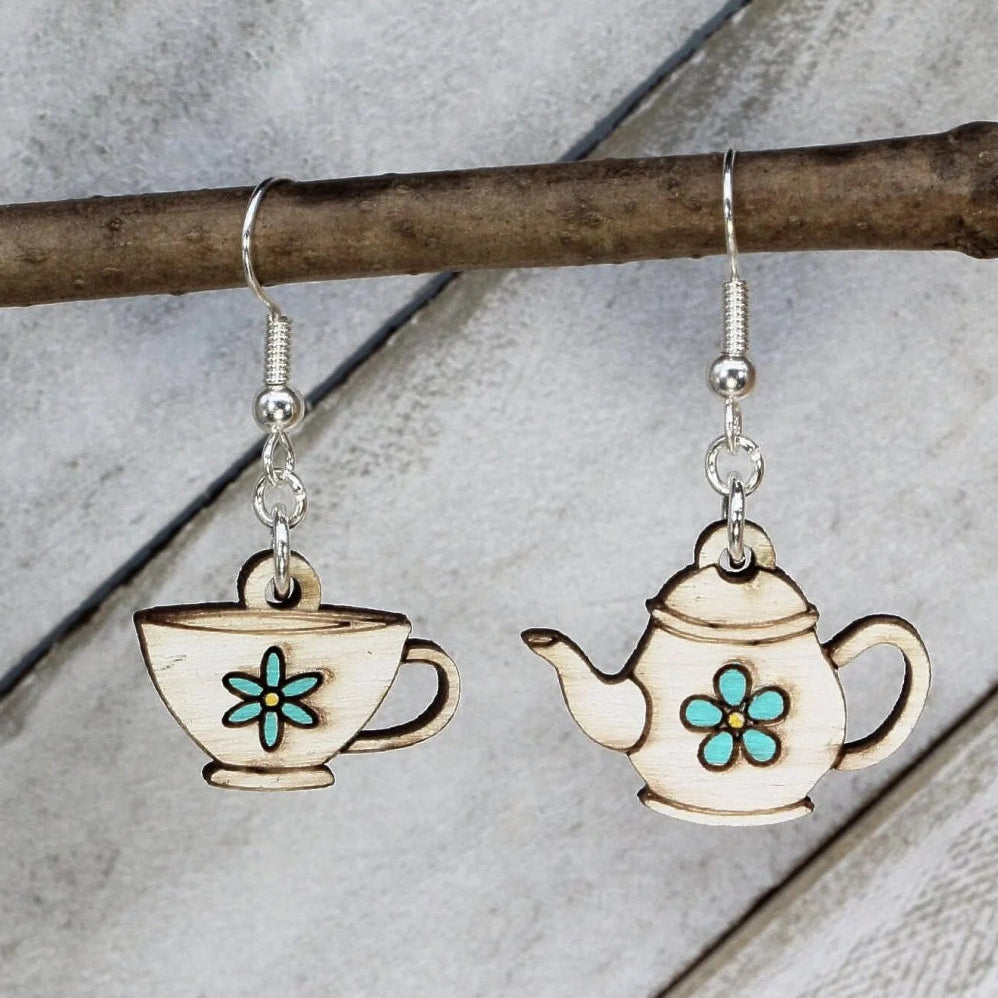 Hand-painted wooden teapot and cup mismatched dangle earrings with whimsical tea party design and hypoallergenic sterling silver hooks, lightweight tea statement jewelry earrings for cottagecore and cozy café style