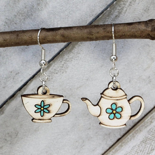 Hand-painted wooden teapot and cup mismatched dangle earrings with whimsical tea party design and hypoallergenic sterling silver hooks, lightweight tea statement jewelry earrings for cottagecore and cozy café style