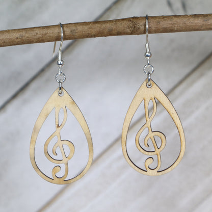 Hand-painted wooden teardrop treble clef dangle earrings featuring a graceful teardrop shape with a centered treble clef design and hypoallergenic sterling silver hooks, lightweight jewelry for musicians and music lovers by Cate’s Concepts
