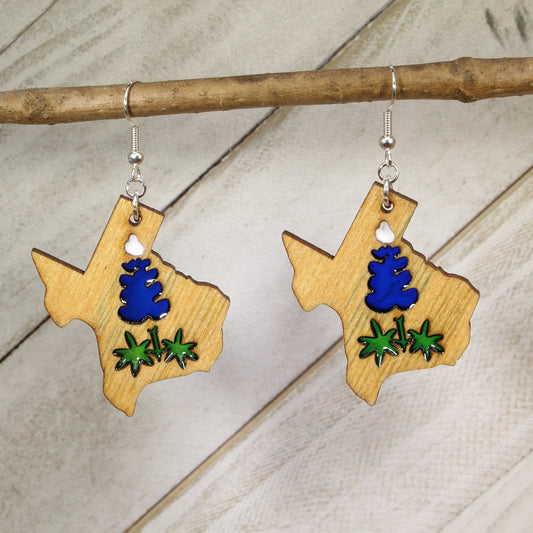 Hand-painted wooden and resin Texas bluebonnet dangle earrings with vibrant wildflower design and hypoallergenic sterling silver hooks, lightweight state pride jewelry for Texas lovers and nature fans