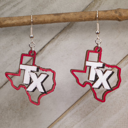 Hand-painted wooden Texas TX dangle earrings with bold state outline design and hypoallergenic sterling silver hooks, Texas state pride southern jewelry earrings