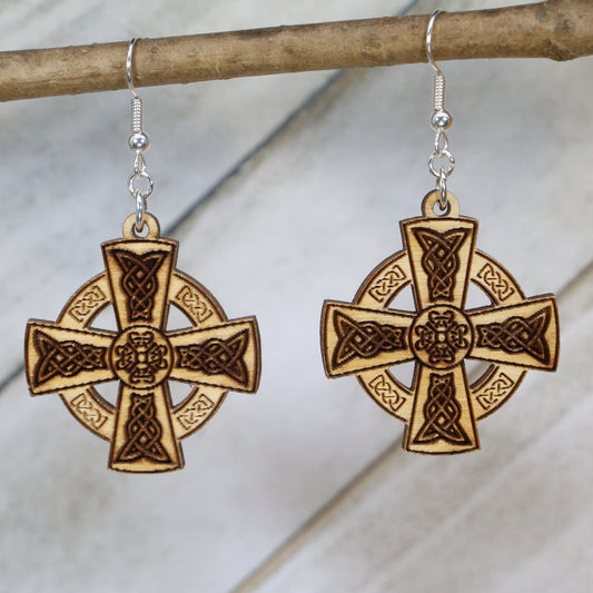 Hand-painted wooden traditional Celtic cross dangle earrings with intricate Irish faith design and hypoallergenic sterling silver hooks, Christian Celtic jewelry earrings for spiritual style
