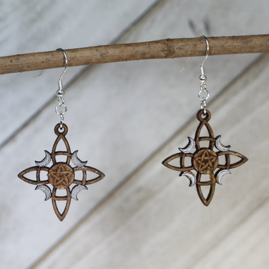 Hand-painted wooden triple moon pentacle dangle earrings with Wiccan pagan symbol design and hypoallergenic sterling silver hooks, lightweight spiritual jewelry for witchy style and mystical practice by Cate’s Concepts
