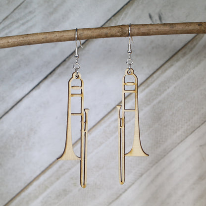 Hand-painted wooden trombone dangle earrings featuring a detailed brass instrument design with slide and bell and hypoallergenic sterling silver hooks, lightweight jewelry for band members and brass enthusiasts