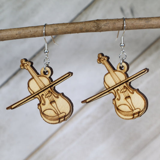 Hand-painted wooden violin dangle earrings featuring a detailed string instrument design with curved body and fine tuning details and hypoallergenic sterling silver hooks, lightweight jewelry for musicians and orchestra lovers by Cate’s Concepts