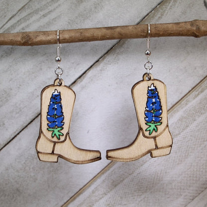 Bluebonnet Blossom Cowgirl Boot Earring: Rustic Texas Wildflower Jewelry - - Cate's Concepts, LLC