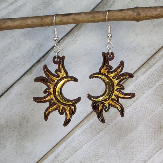 Bohemian Sun Moon Gold Copper Wooden Earrings - - Cate's Concepts, LLC