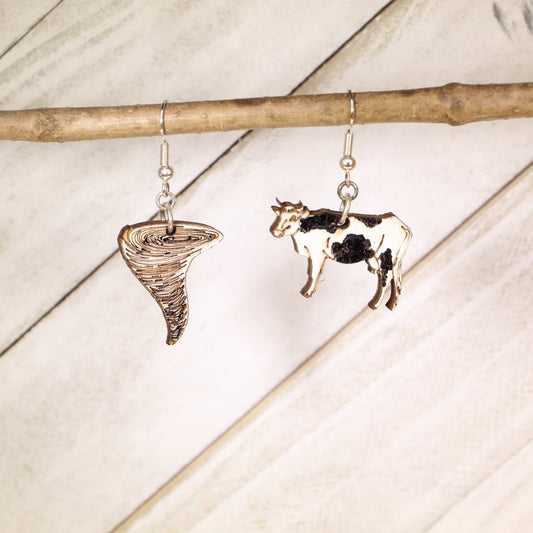Cow and Tornado Wooden Dangle Earring - Cate's Concepts, LLC