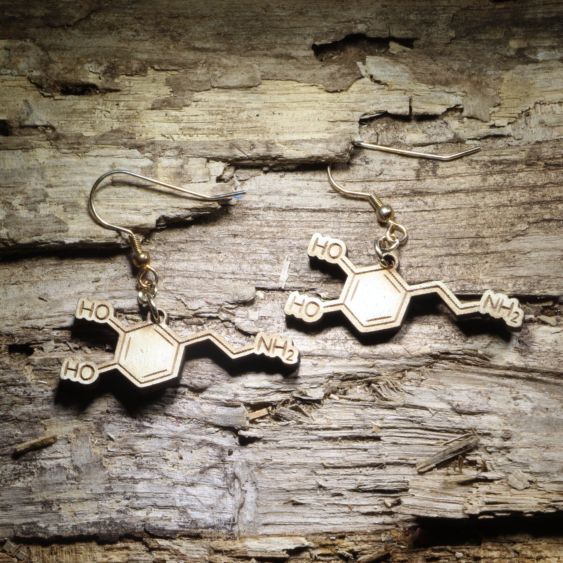 Dopamine molecule wooden dangle earrings featuring the chemical structure of dopamine, lightweight science jewelry for chemists, chemistry teachers, students, and neuroscience lovers