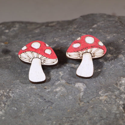 Enchanted Mushroom Wooden Earrings - Studs - Cate's Concepts, LLC