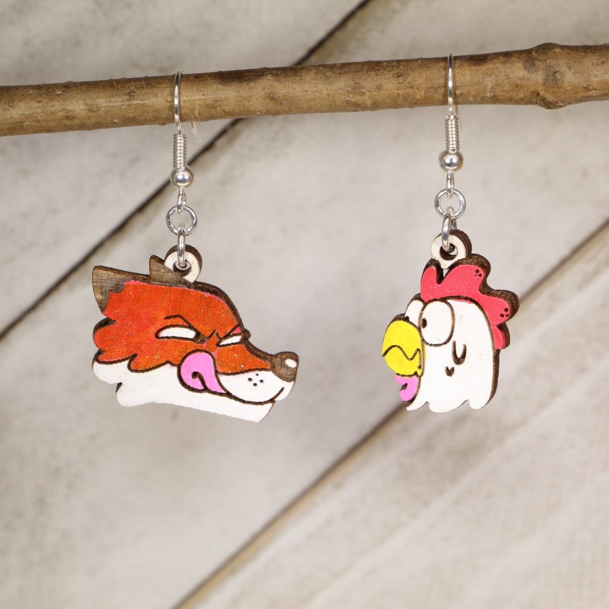 Fox and Chicken Wooden Dangle Earrings - Cate's Concepts, LLC