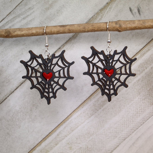 Handcrafted Spiderweb Heart Earrings - Red Resin Wood Dangles - - Cate's Concepts, LLC