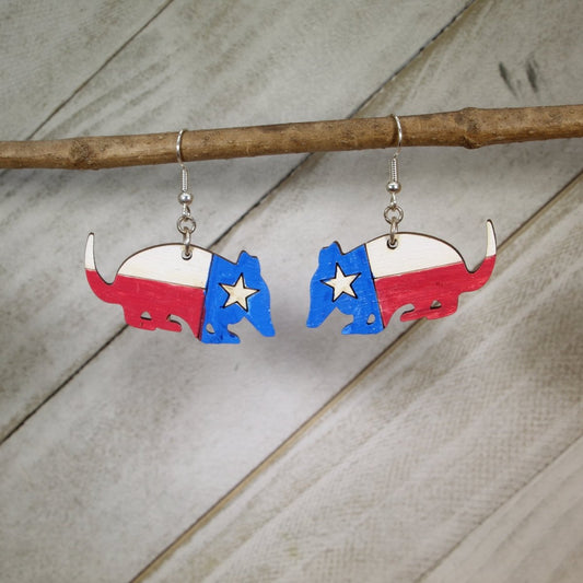 Handcrafted Texas Flag Armadillo Wood Earrings - Lone Star State Pride - - Cate's Concepts, LLC