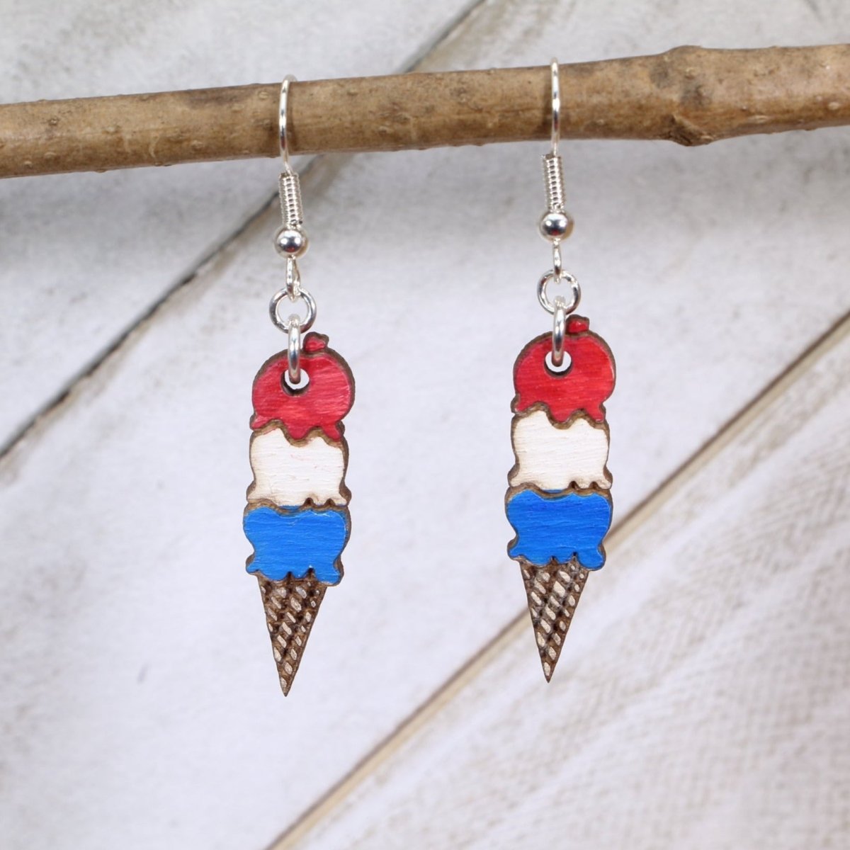 Ice Cream Cone Wooden Dangle Earrings - Red White & Blue - Cate's Concepts, LLC