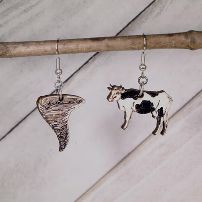 Cow and Tornado Wooden Earrings | Funny Weather Storm Jewelry