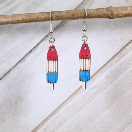 Patriotic Red White and Blue Popsicle Wooden Earrings - Handmade Jewelry - - Cate's Concepts, LLC