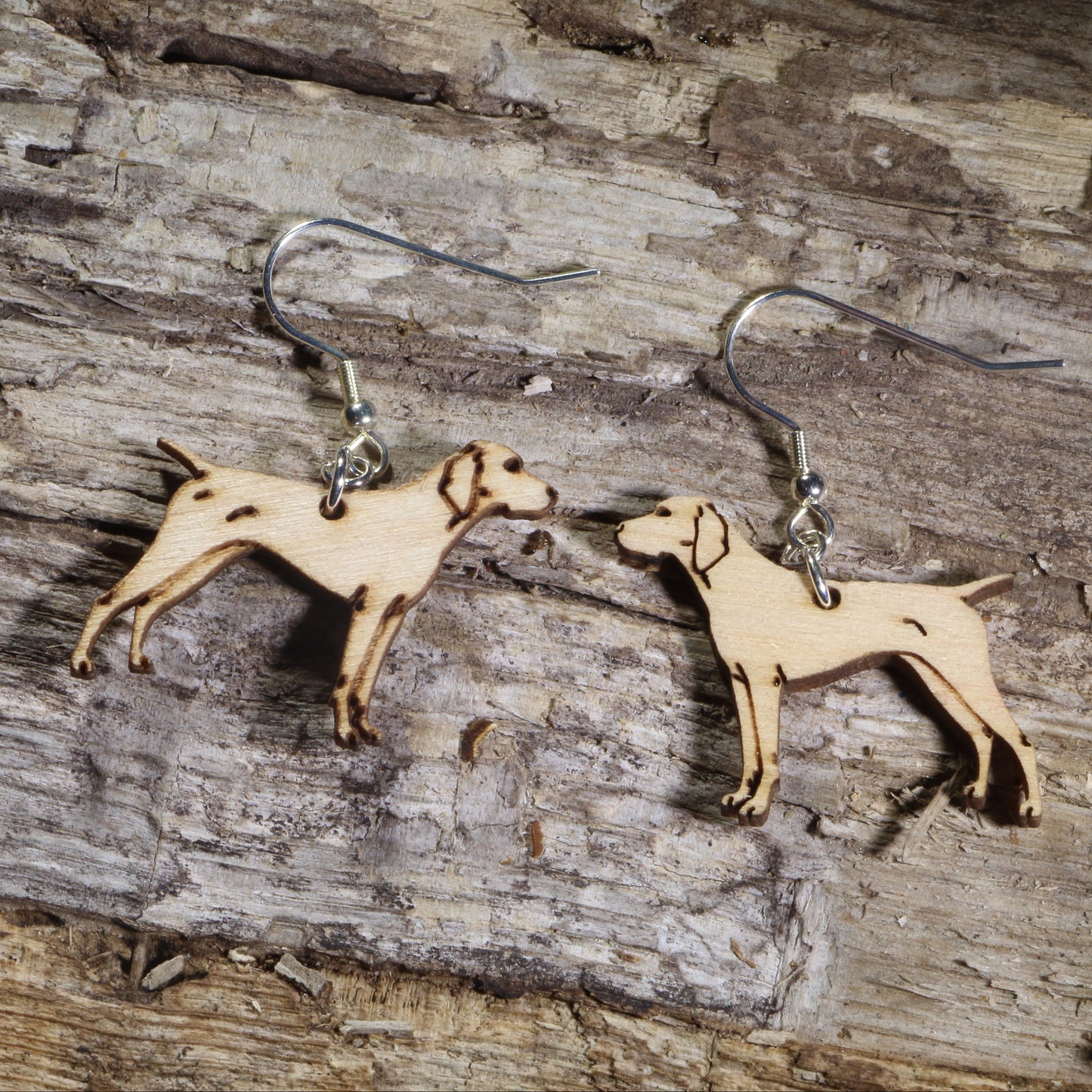 Hand-painted wooden Pointer dog dangle earrings on hypoallergenic .925 sterling silver hooks. Lightweight hunting dog jewelry for Pointer owners, bird hunters, sporting dog enthusiasts, and dog lovers.