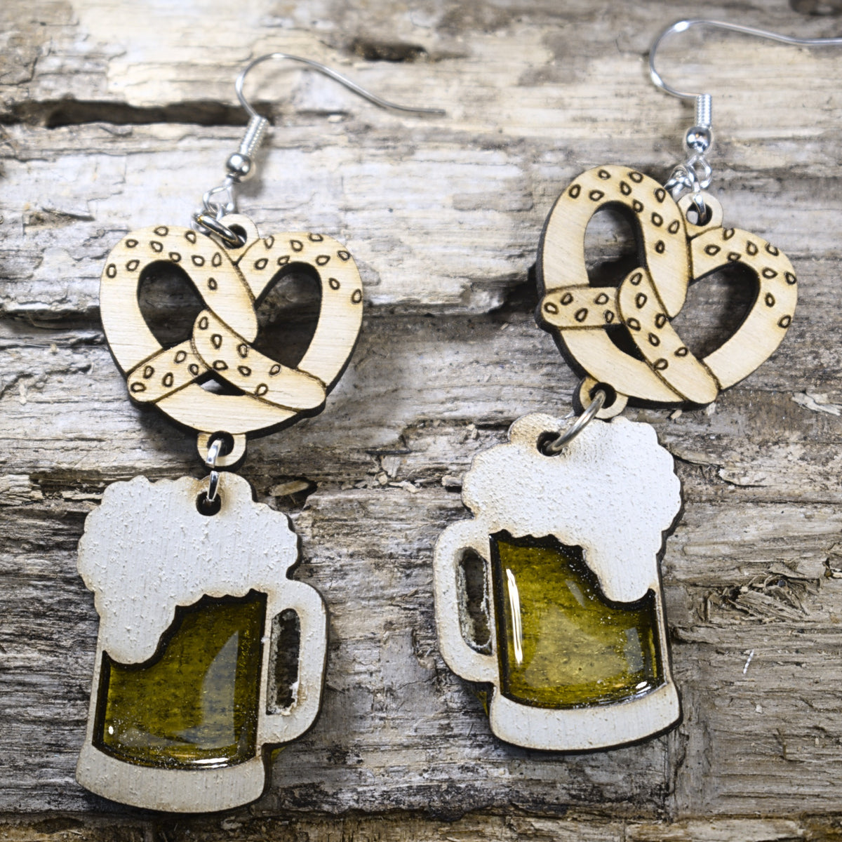 Resin beer mug and pretzel wooden dangle earrings with golden beer and white foam for Oktoberfest