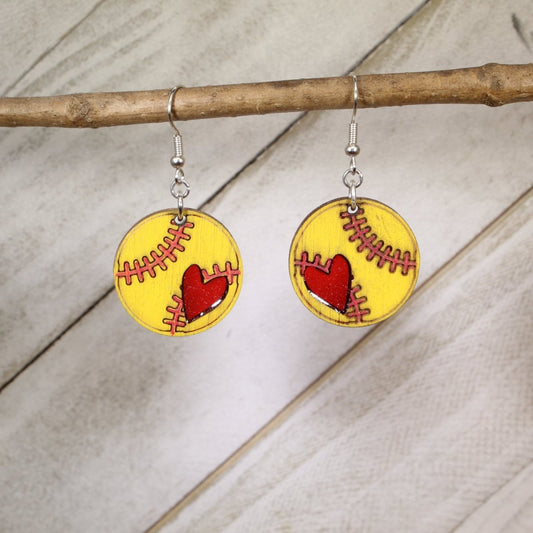 Resin Heart Softball Dangle Earrings - Sporty Team Jewelry - - Cate's Concepts, LLC
