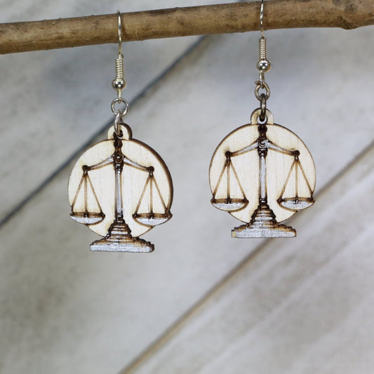 Rustic Wood Scales of Justice Earrings - Unique Lawyer Gift Idea - - Cate's Concepts, LLC