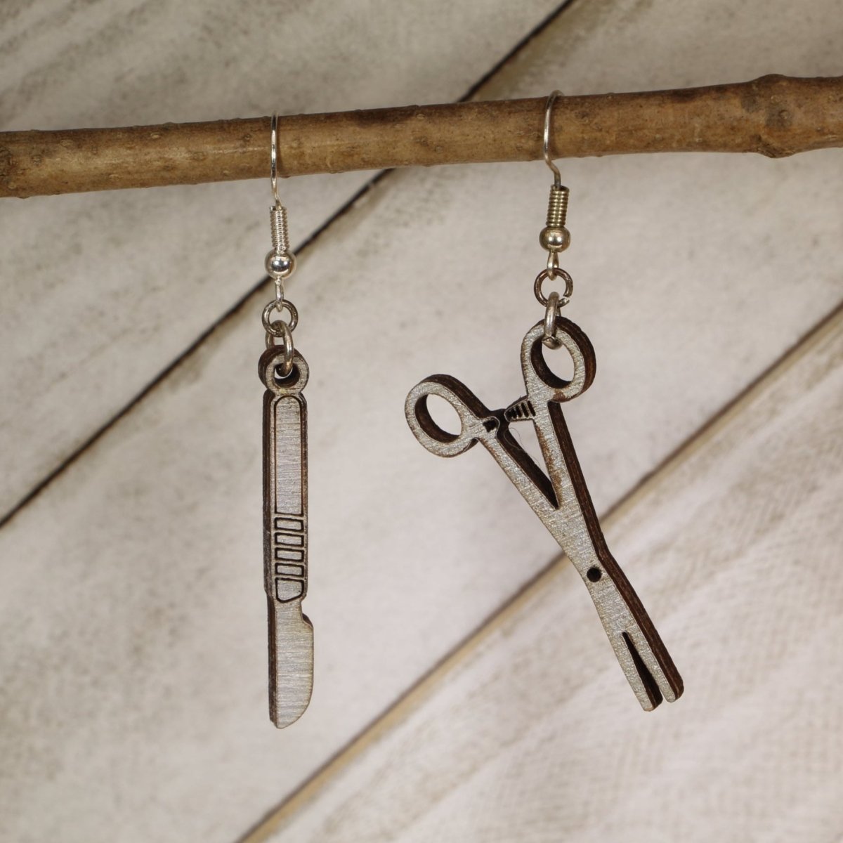 Scalpel and Forceps Dangle Wooden Earrings - Cate's Concepts, LLC