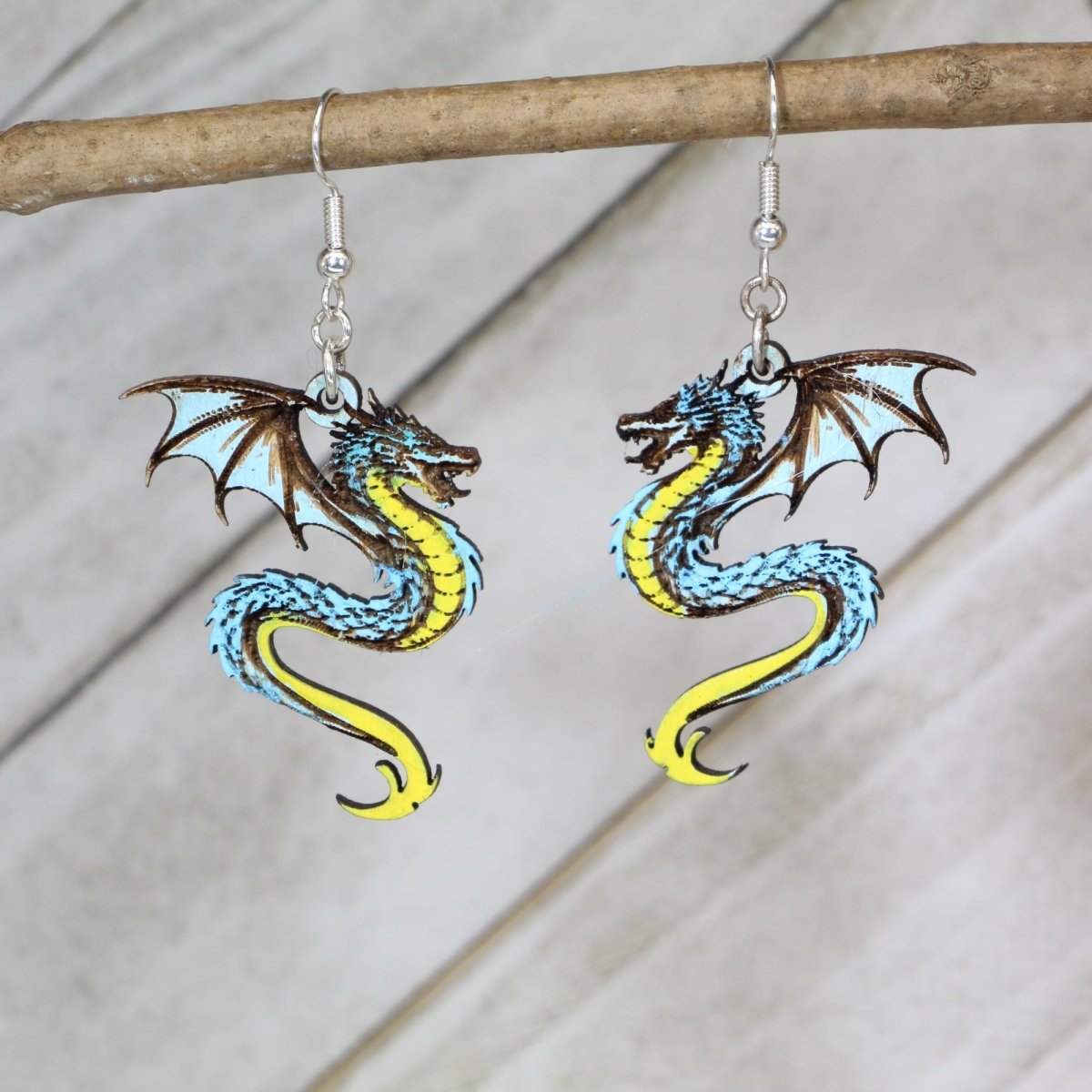 Skyfire Dragon Earrings – Unique Wooden Dangles for Dragon Lovers - Cate's Concepts, LLC
