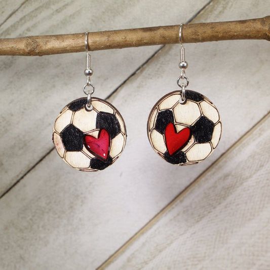 Sporty Soccer Ball Drop Earrings with Chic Resin Heart Charm - - Cate's Concepts, LLC