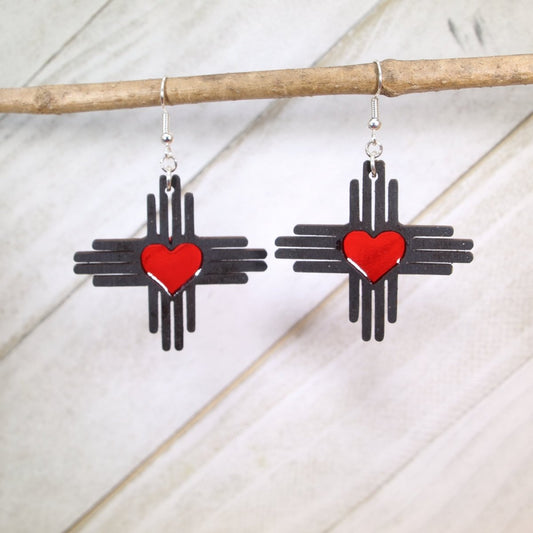 Zia Wooden Earrings with Red Resin Heart - Boho Chic Dangle Earrings - - Cate's Concepts, LLC