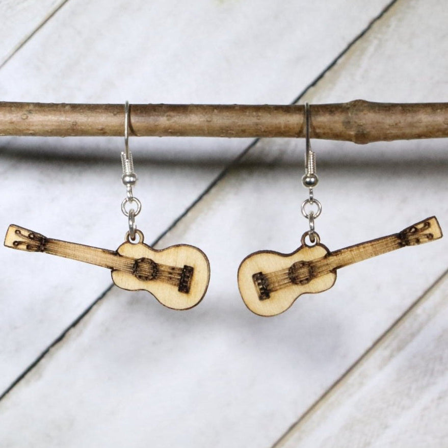 Hand-painted wooden acoustic guitar dangle earrings with musician instrument design and hypoallergenic sterling silver hooks, lightweight music jewelry for guitar players and music lovers