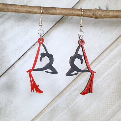 Hand-painted wooden aerial silks performer dangle earrings with circus acrobat design and hypoallergenic sterling silver hooks, performance statement jewelry for aerialists, dancers, and circus lovers