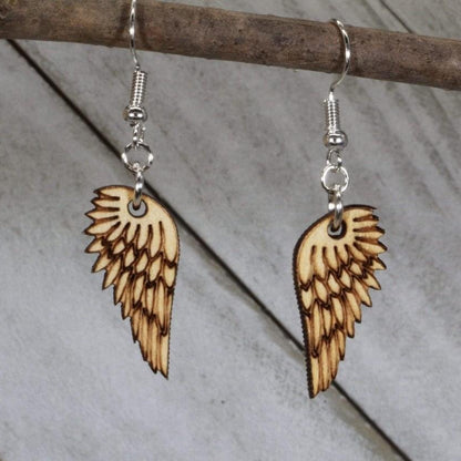 Hand-painted wooden angel wing dangle earrings with feathered spiritual design and hypoallergenic sterling silver hooks, lightweight wing statement jewelry earrings for faith-inspired and celestial style 