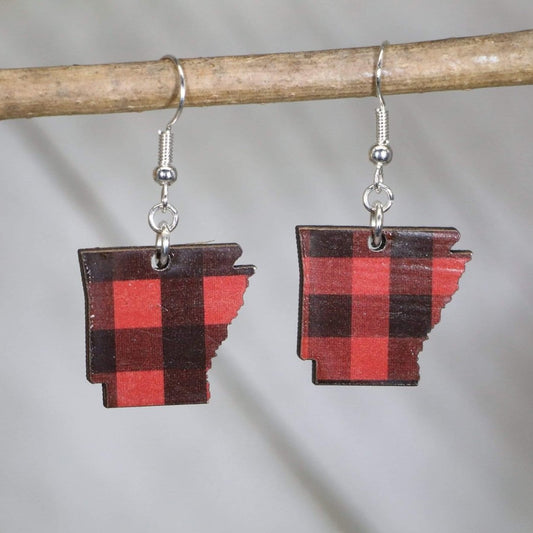 Wooden Arkansas buffalo plaid dangle earrings with rustic checkered design and hypoallergenic sterling silver hooks, lightweight Arkansas statement jewelry earrings for cozy southern style and state pride