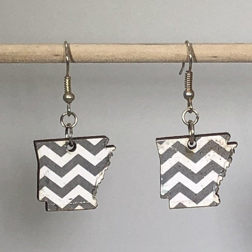 Hand-painted wooden Arkansas chevron dangle earrings featuring a bold red and white chevron pattern inspired by state pride design and hypoallergenic sterling silver hooks, lightweight jewelry for Arkansas locals and state pride enthusiasts by Cate’s Concepts