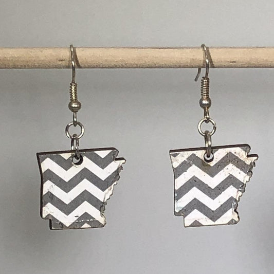 Hand-painted wooden Arkansas chevron dangle earrings featuring a bold red and white chevron pattern inspired by state pride design and hypoallergenic sterling silver hooks, lightweight jewelry for Arkansas locals and state pride enthusiasts by Cate’s Concepts