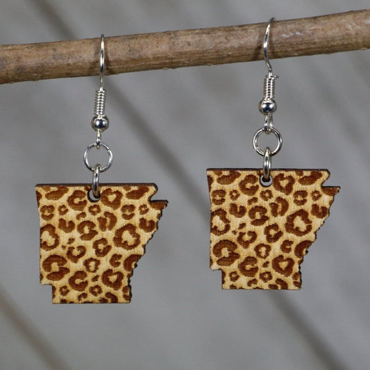 Hand-painted wooden Arkansas leopard dangle earrings with bold animal print state design and hypoallergenic sterling silver hooks, lightweight Arkansas statement jewelry earrings for state pride and trendy style
