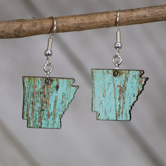 Hand-painted wooden Arkansas state dangle earrings with bold state pride design and hypoallergenic sterling silver hooks, lightweight Arkansas statement jewelry earrings for southern style and hometown pride