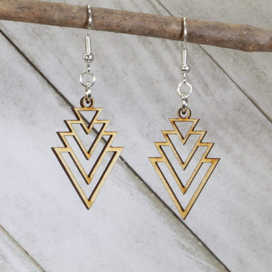 Hand-painted wooden Art Deco cascade dangle earrings with layered geometric design and hypoallergenic sterling silver hooks, lightweight vintage statement jewelry earrings for retro glam style 