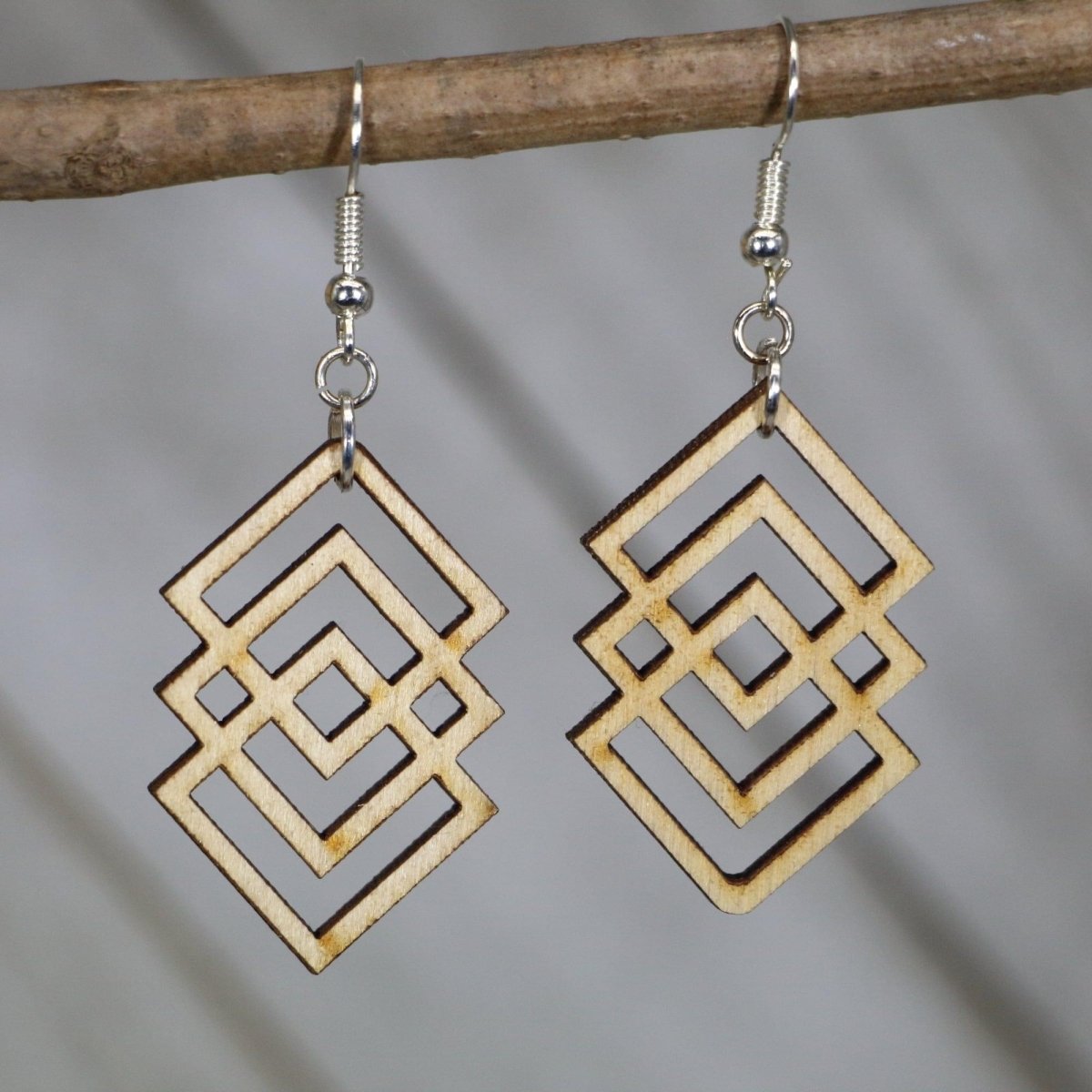 Hand-painted wooden Art Deco diamond drop dangle earrings with geometric vintage design and hypoallergenic sterling silver hooks, lightweight statement jewelry earrings for Gatsby-inspired and elegant modern style 