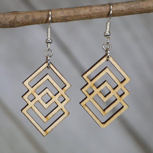 Hand-painted wooden Art Deco diamond drop dangle earrings with geometric vintage design and hypoallergenic sterling silver hooks, lightweight statement jewelry earrings for Gatsby-inspired and elegant modern style 
