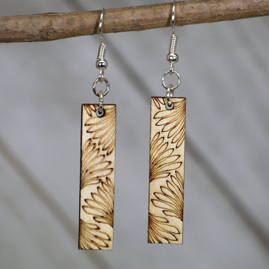 Hand-painted wooden Art Deco floral bar dangle earrings with elegant geometric flower design and hypoallergenic sterling silver hooks, minimalist statement jewelry earrings for modern boho style