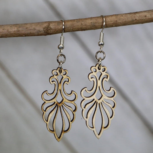 Hand-painted wooden Art Deco floral chandelier dangle earrings featuring an elegant vintage design with geometric lines and floral accents and hypoallergenic sterling silver hooks, lightweight jewelry for vintage lovers and Art Deco enthusiasts by Cate’s Concepts