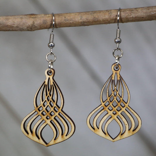 Hand-painted wooden Art Deco Gatsby twist dangle earrings featuring a refined geometric swirl design with symmetrical lines and hypoallergenic sterling silver hooks, lightweight jewelry for vintage lovers and 1920s-inspired fashion by Cate’s Concepts