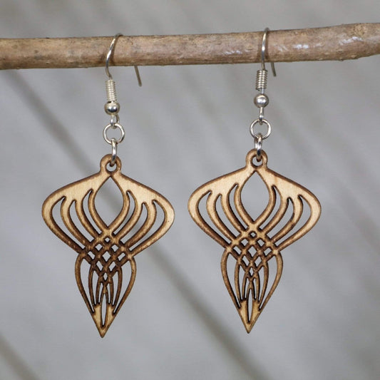 Hand-painted wooden Art Deco Gatsby twist dangle earrings featuring a vintage geometric swirl design with elegant lines and hypoallergenic sterling silver hooks, lightweight jewelry for 1920s style lovers and vintage fashion enthusiasts by Cate’s Concepts