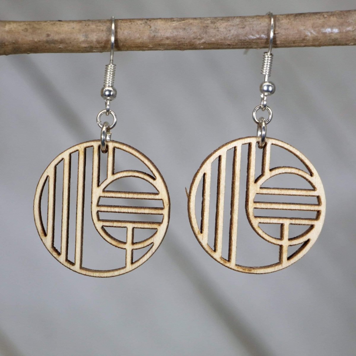Hand-painted wooden Art Deco geometric circle dangle earrings with modern vintage-inspired design and hypoallergenic sterling silver hooks, lightweight geometric statement jewelry earrings for elegant everyday style