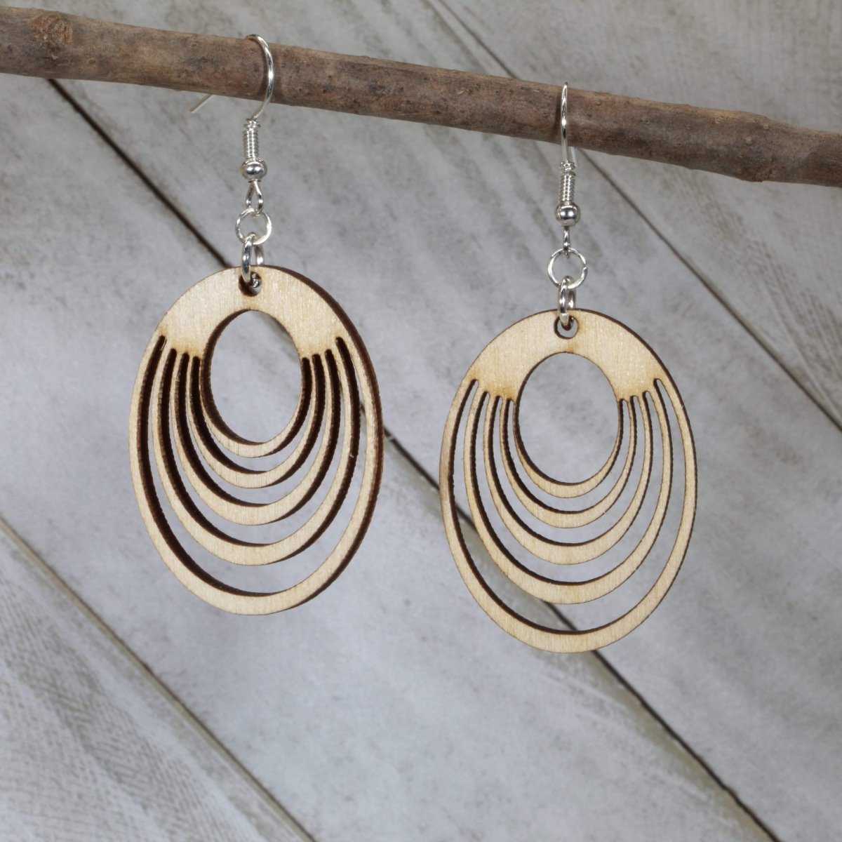 Hand-painted wooden Art Deco interlocking circle dangle earrings with geometric vintage design and hypoallergenic sterling silver hooks, lightweight retro statement jewelry earrings for elegant style