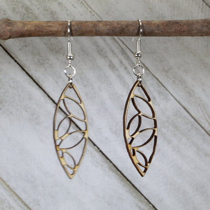 Hand-painted wooden Art Deco leaf dangle earrings with geometric nature design and hypoallergenic sterling silver hooks, lightweight botanical statement jewelry earrings for vintage elegance and boho style