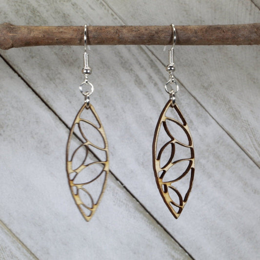 Hand-painted wooden Art Deco leaf dangle earrings with geometric nature design and hypoallergenic sterling silver hooks, lightweight botanical statement jewelry earrings for vintage elegance and boho style