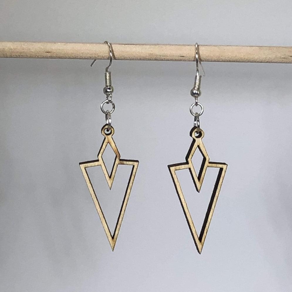 Hand-painted wooden Art Deco V arrow dangle earrings with geometric vintage design and hypoallergenic sterling silver hooks, lightweight retro statement jewelry earrings for elegant style