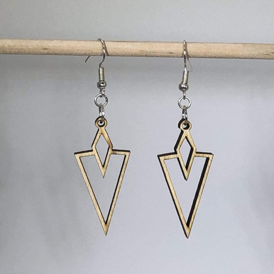 Hand-painted wooden Art Deco V arrow dangle earrings with geometric vintage design and hypoallergenic sterling silver hooks, lightweight retro statement jewelry earrings for elegant style