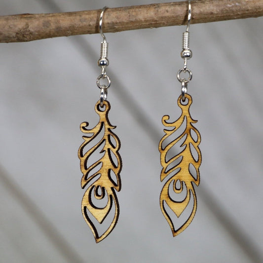 Hand-painted wooden Art Nouveau feather dangle earrings with elegant flowing design and hypoallergenic sterling silver hooks, lightweight feather statement jewelry earrings for vintage-inspired and boho style